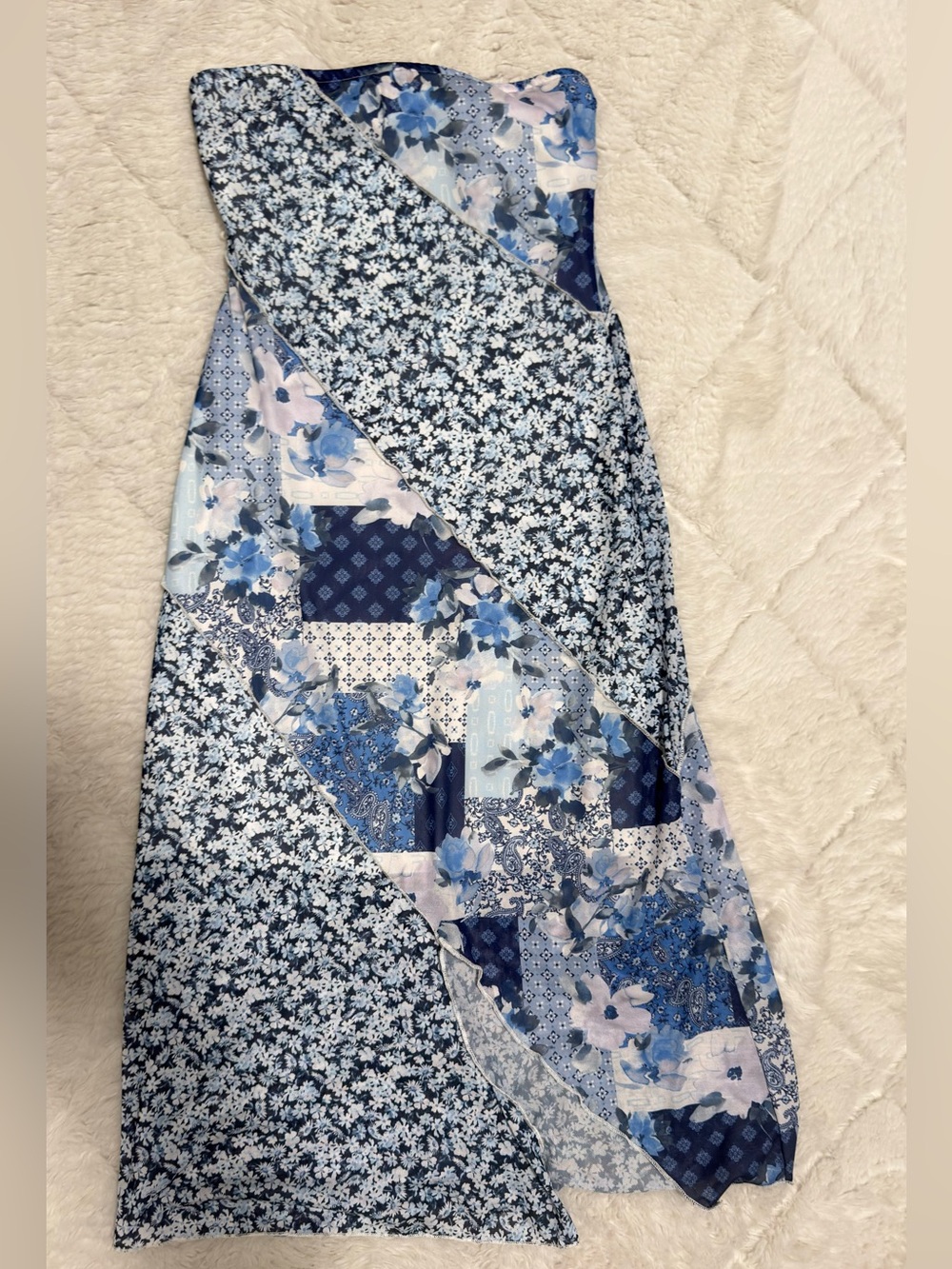 Altar'd State Navy and Light Blue Floral midi strapless dress